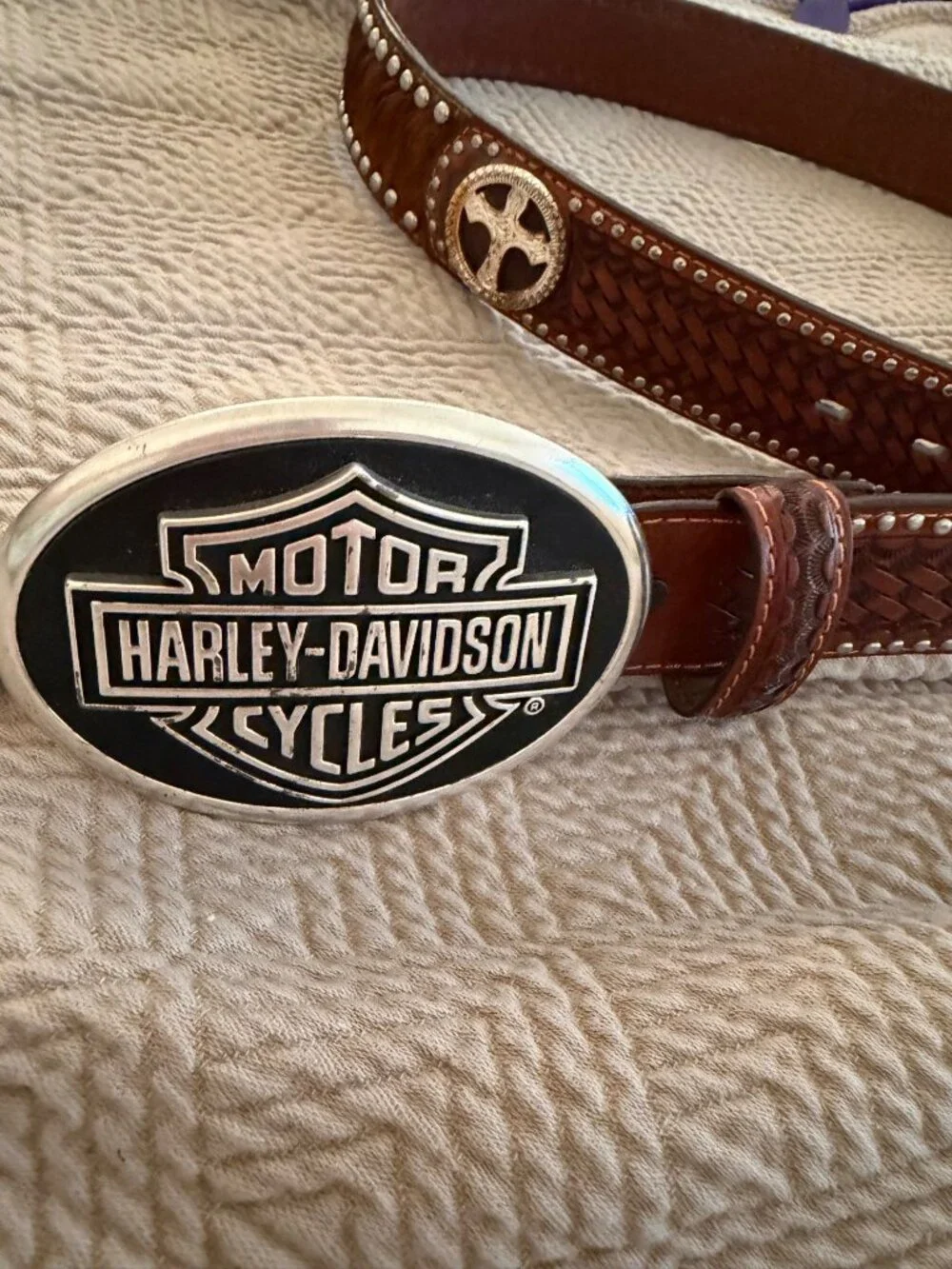 Harley Davidson Mens Calf Hair Tooled Studded Belt Buckle Ranger Size 36 Moto